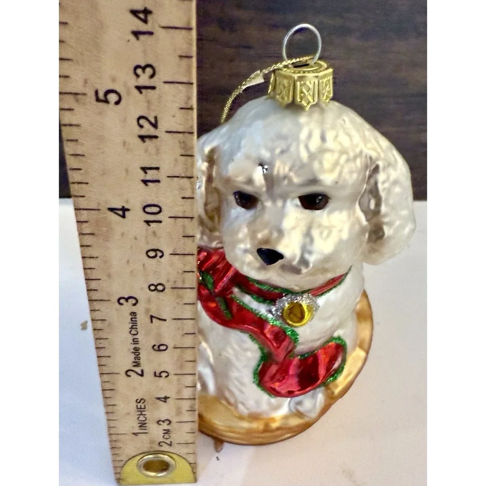 AMC Blown Glass Ornament Maltese Bichon Cockapoo White Puppy w Ribbon Basket IOB